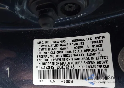 2016 Honda Civic Lx z USA, uszkodzony, nr VIN 19XFC2F53GE093145